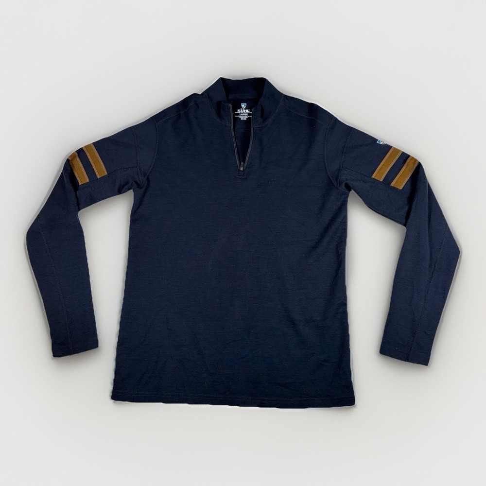 Kuhl Team 100% Merino Wool Knit Sweater 1/4 Zip Stripe Men's L Navy Blue 3196